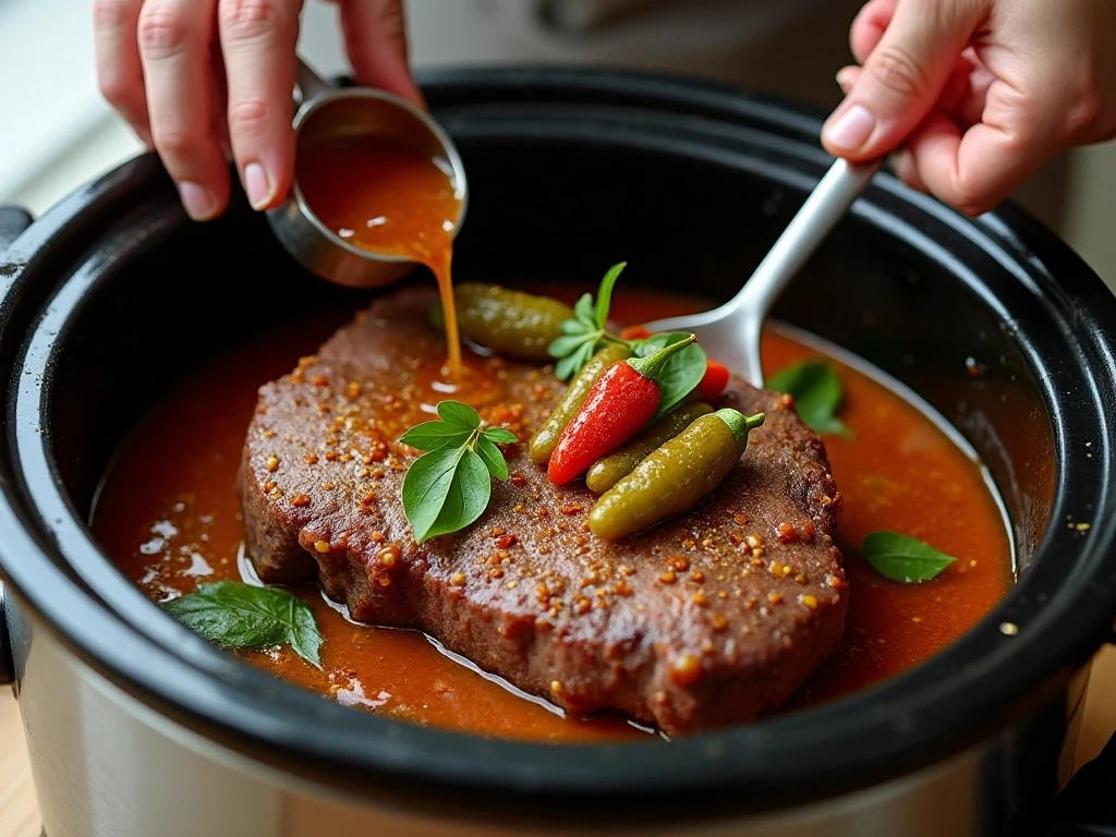 Preparing chuck roast and pepperoncini in a slow cooker
