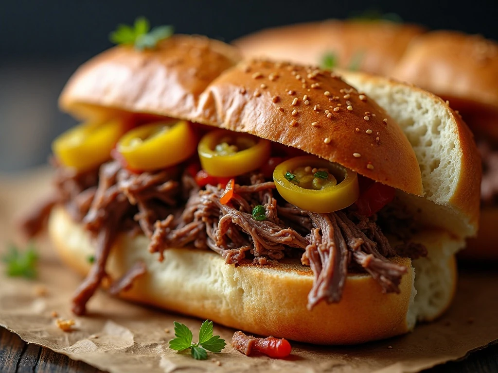 Italian beef sandwich topped with pepperoncini and giardiniera