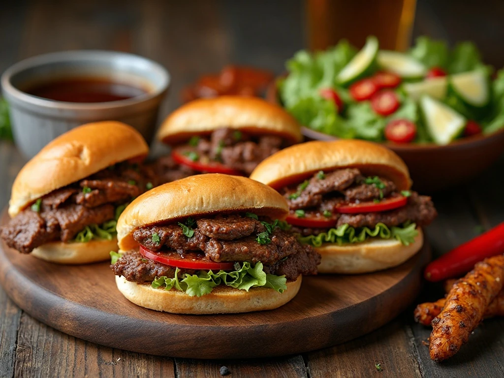 Italian beef sandwich dinner spread with au jus and sides