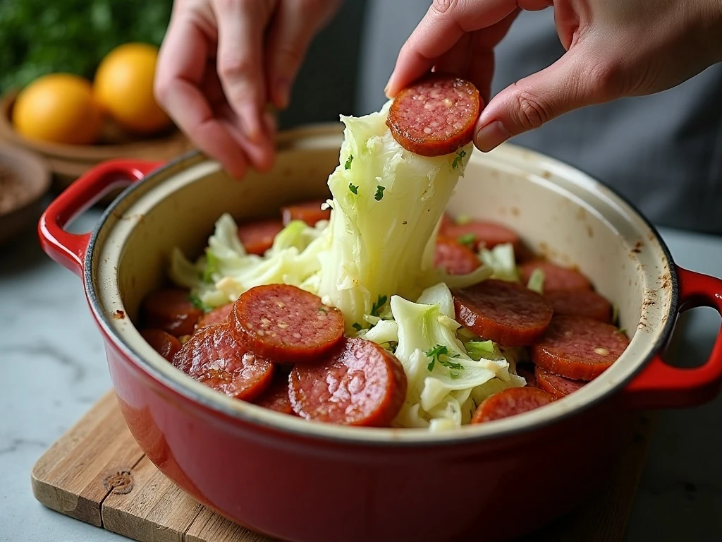 Layering cabbage and sausage in a slow cooker