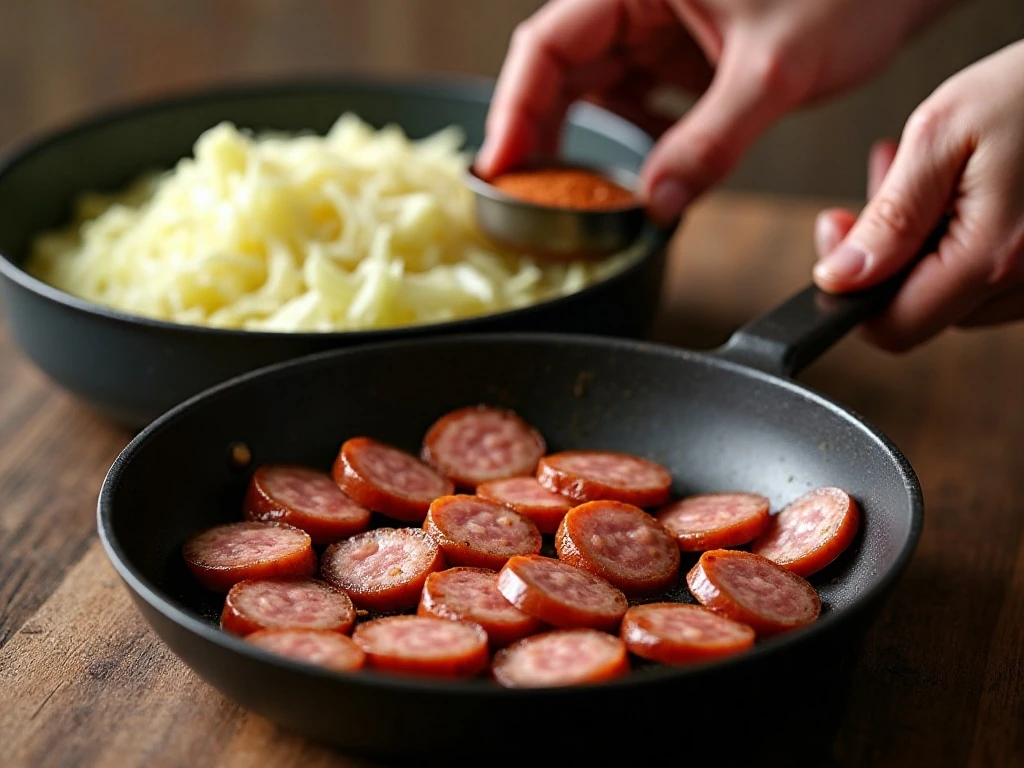 Browning smoked sausage before slow cooking