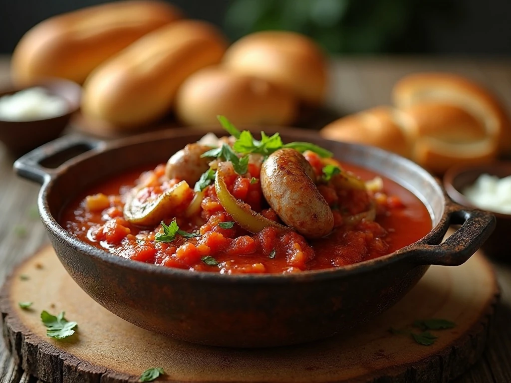 Slow cooker sausage and green peppers served with toasted rolls