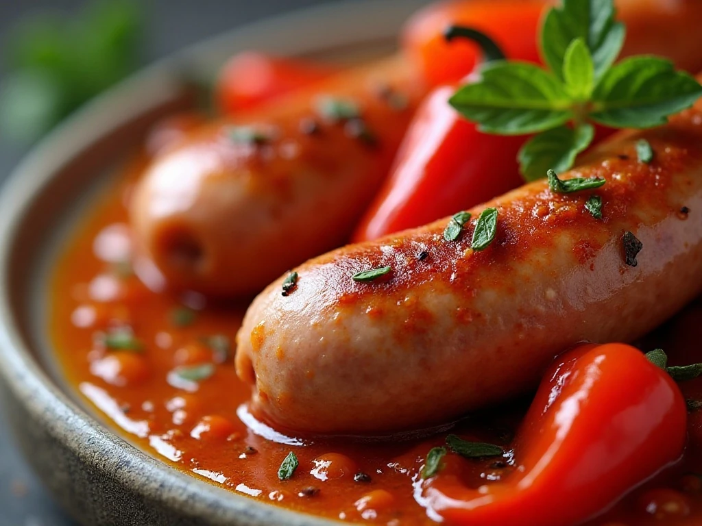 Close-up of tender sausage, peppers, and tomato sauce