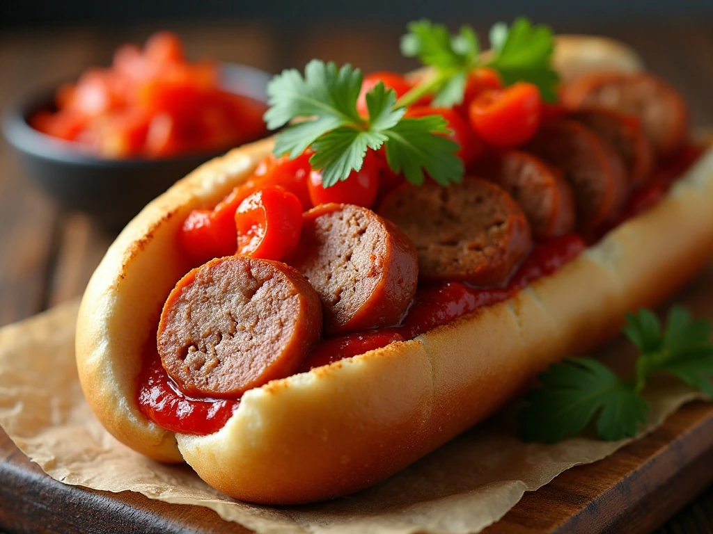 Sausage and peppers served in a toasted hoagie roll