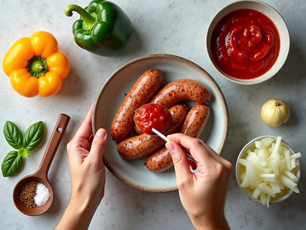 Ingredients for easy slow cooker sausage and peppers
