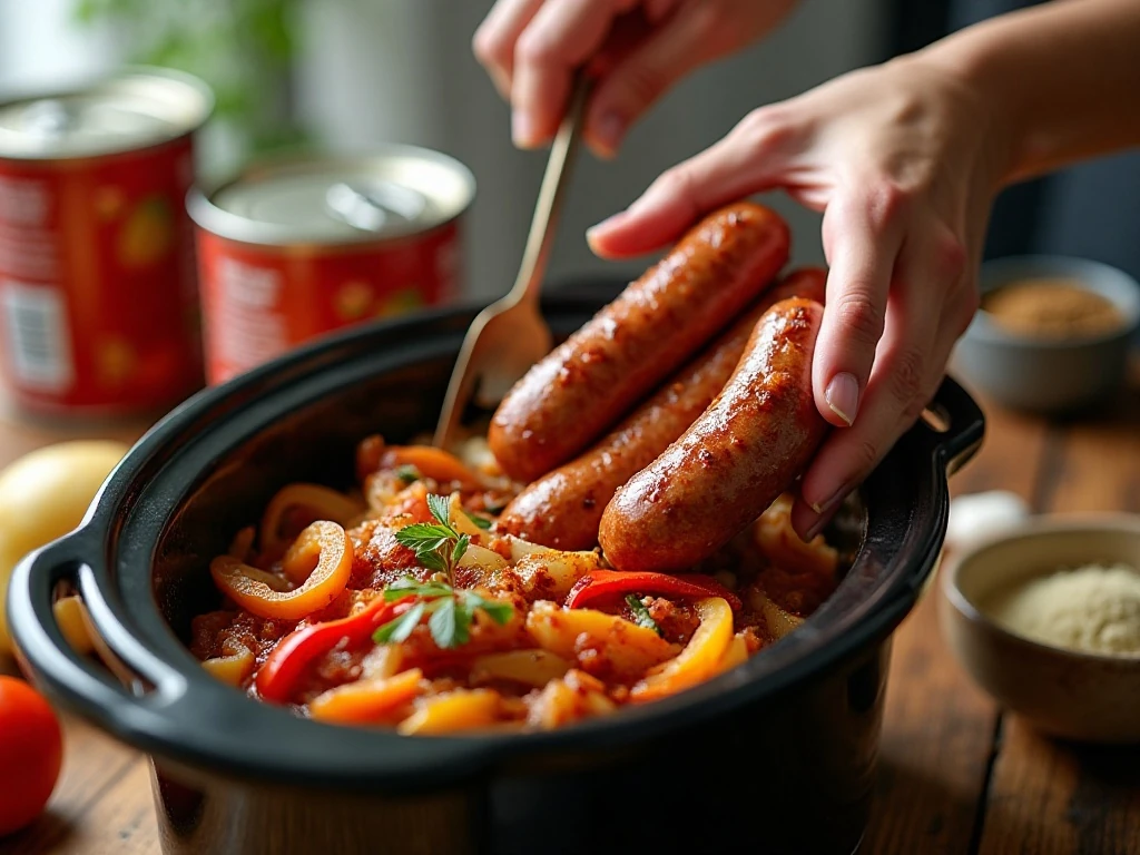 Adding browned sausage to vegetables in a slow cooker