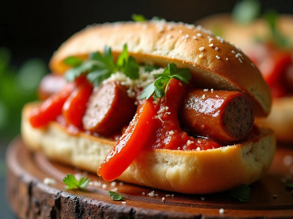 Sausage and peppers in a toasted hoagie roll with parsley and Parmesan