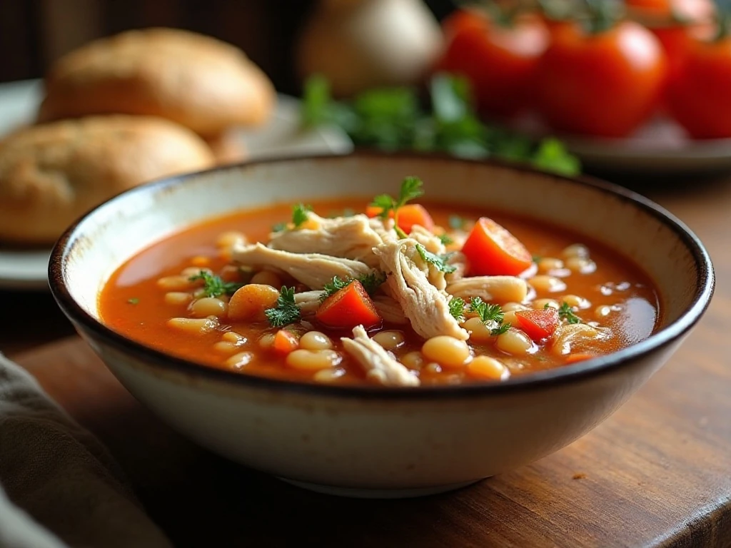 Hearty slow cooker shredded chicken and bean soup served for dinner
