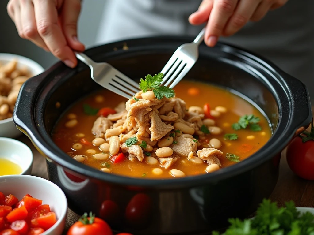 Shredding cooked chicken for slow cooker bean soup