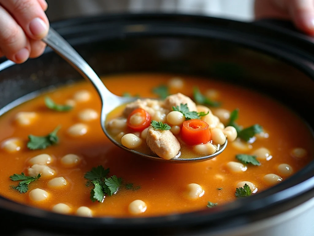Mashing beans to thicken chicken and bean soup