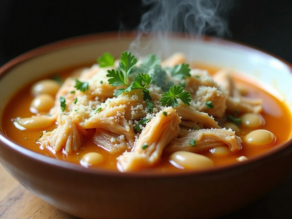 Bowl of reheated chicken and white bean soup with parsley and Parmesan