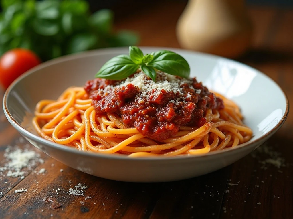 Bowl of slow cooker spaghetti Bolognese topped with Parmesan and basil