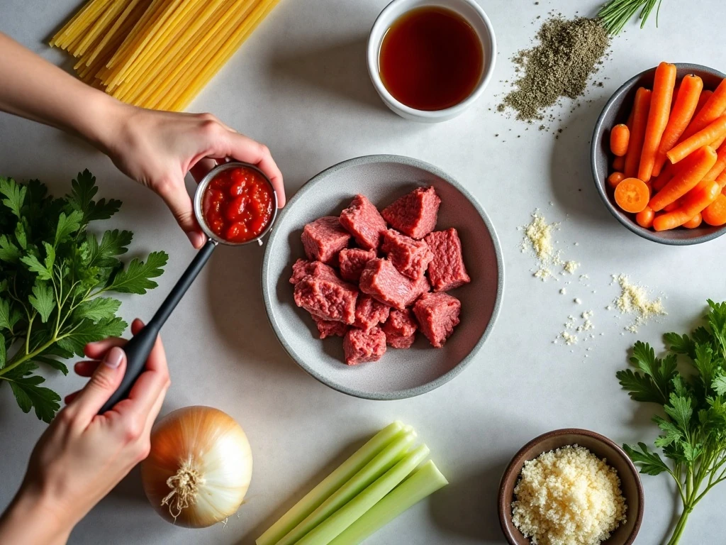 Ingredients for Crockpot spaghetti Bolognese arranged in a flat lay