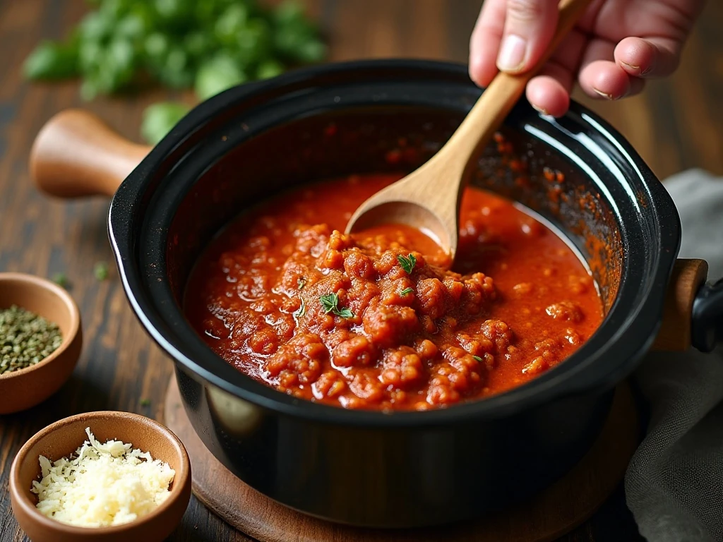 Thick slow-cooked Bolognese sauce ready to serve