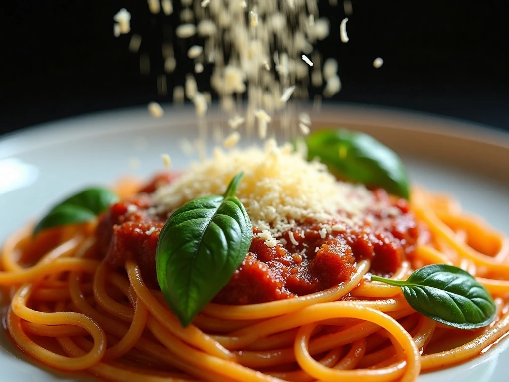 Parmesan and basil garnish on spaghetti Bolognese