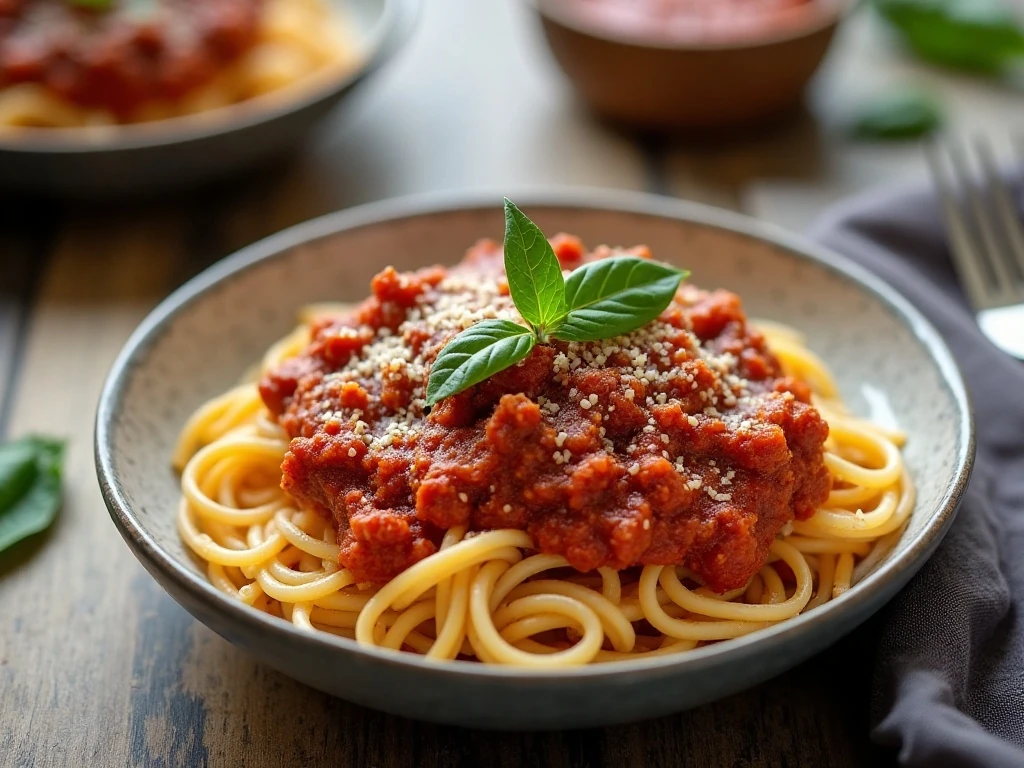 Stored and served slow cooker Bolognese sauce with spaghetti