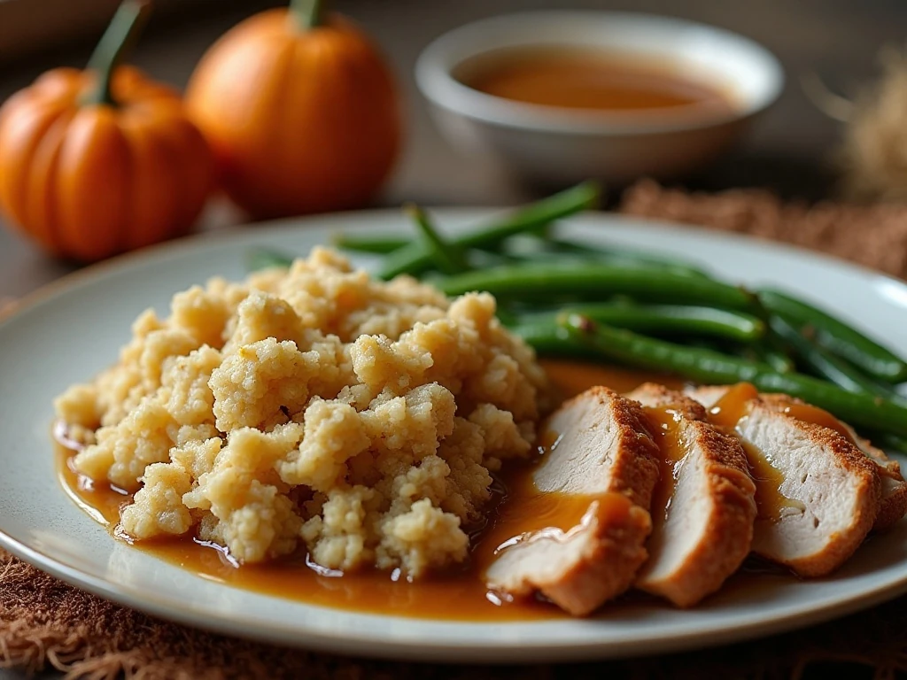Slow cooker stuffing served with turkey and classic holiday sides