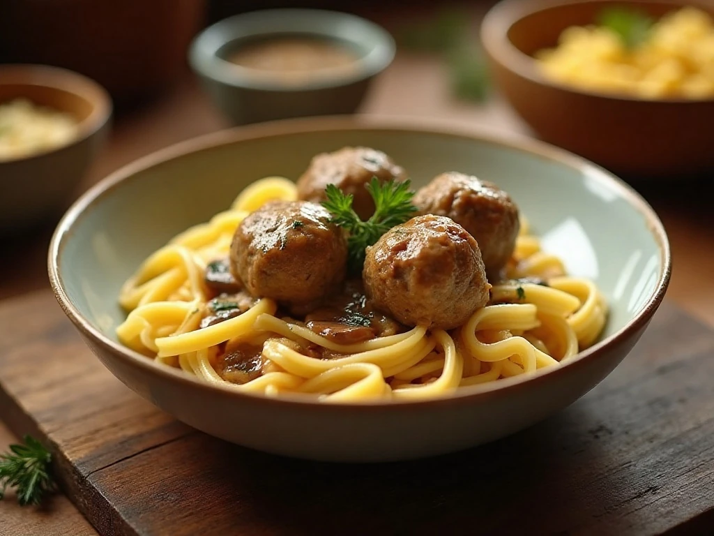 Creamy slow cooker Swedish meatballs served over egg noodles