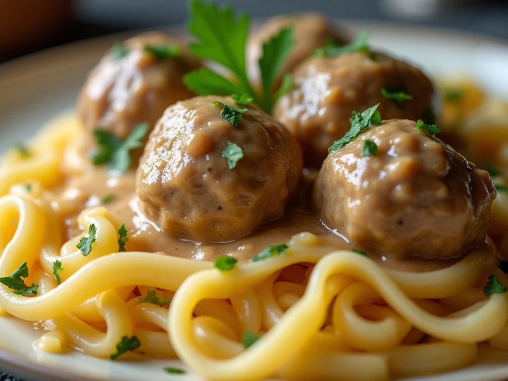 Swedish meatballs garnished with parsley over egg noodles