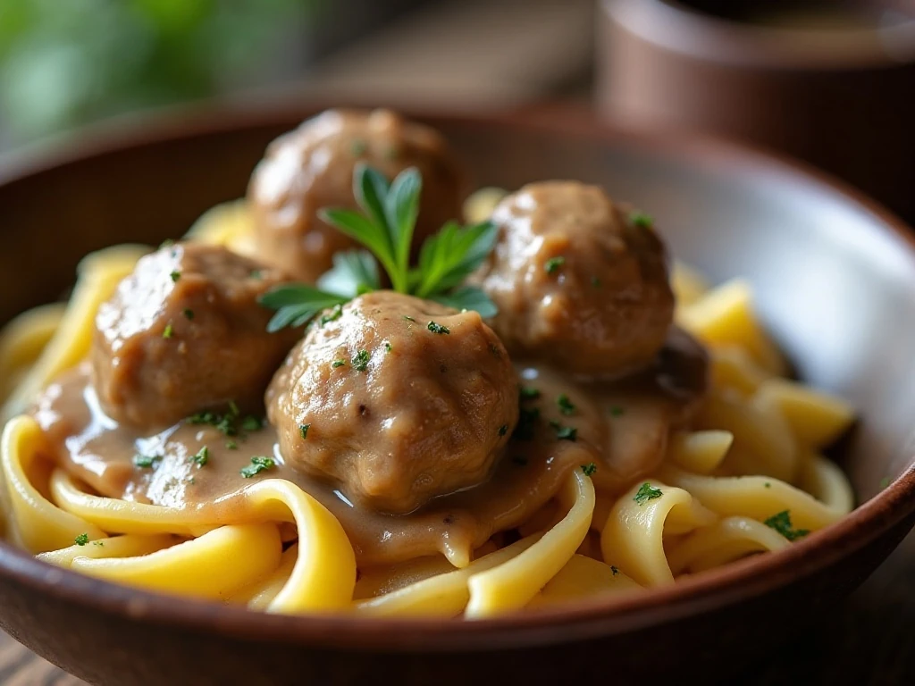 Creamy slow cooker Swedish meatballs served over egg noodles