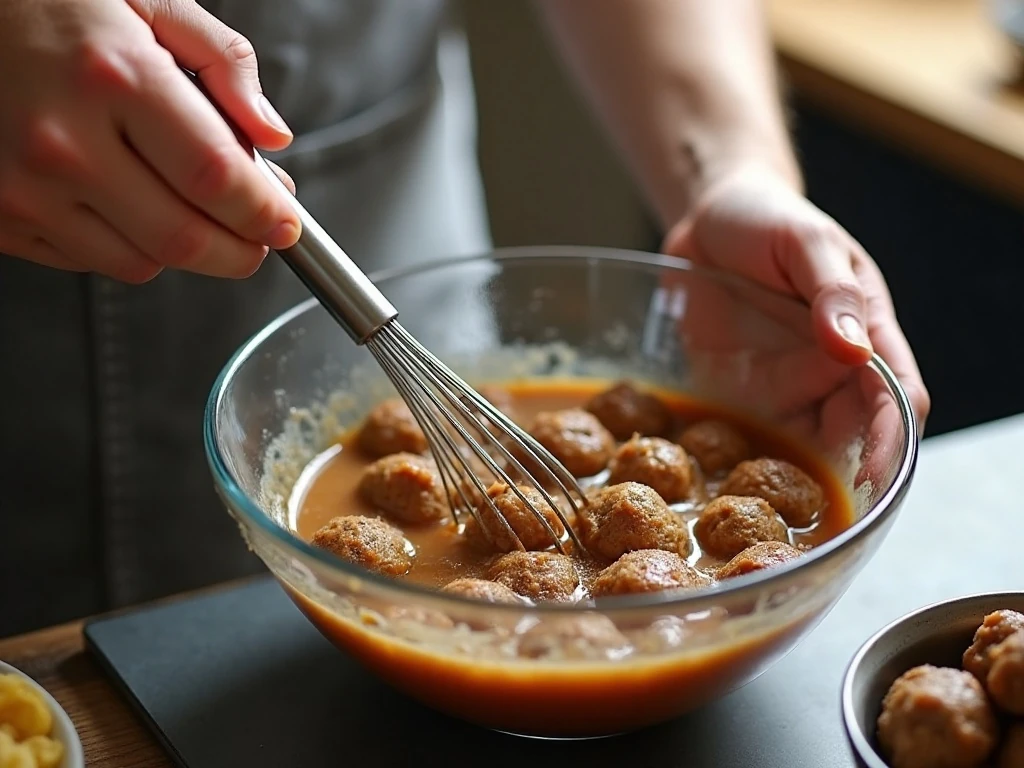 Whisking the creamy gravy sauce for Crockpot Swedish meatballs