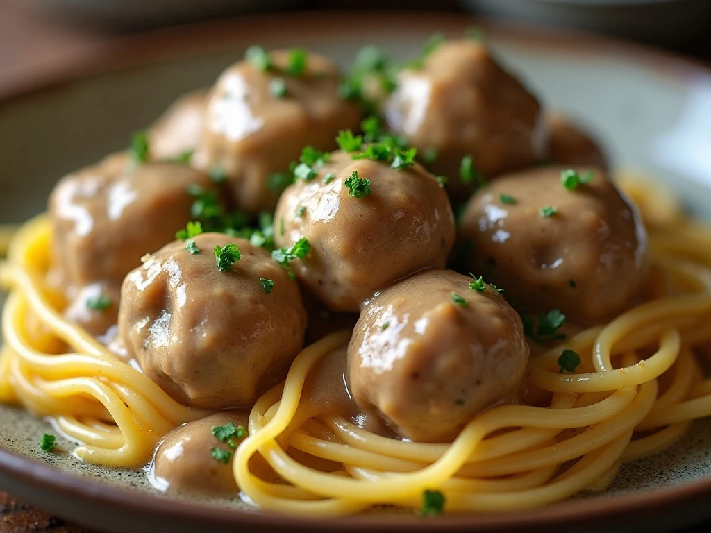 Close-up of creamy Swedish meatballs garnished with parsley