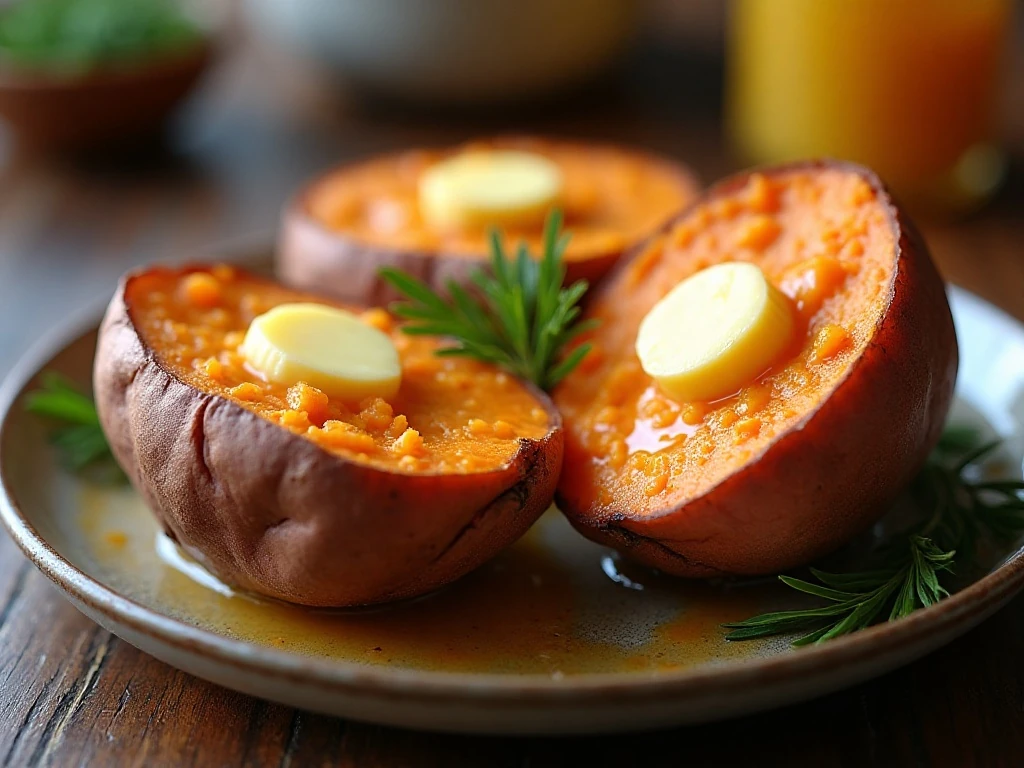 Tender slow cooker sweet potatoes served with melting butter
