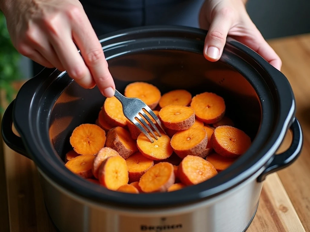 Preparing pierced sweet potatoes in a slow cooker