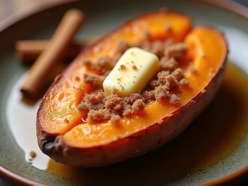 Sweet potato with butter cinnamon brown sugar and maple syrup