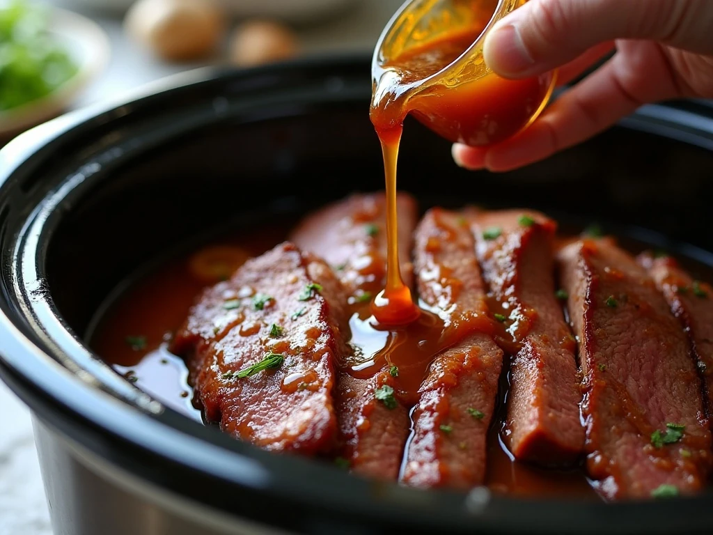 Beef coated with teriyaki sauce before slow cooking