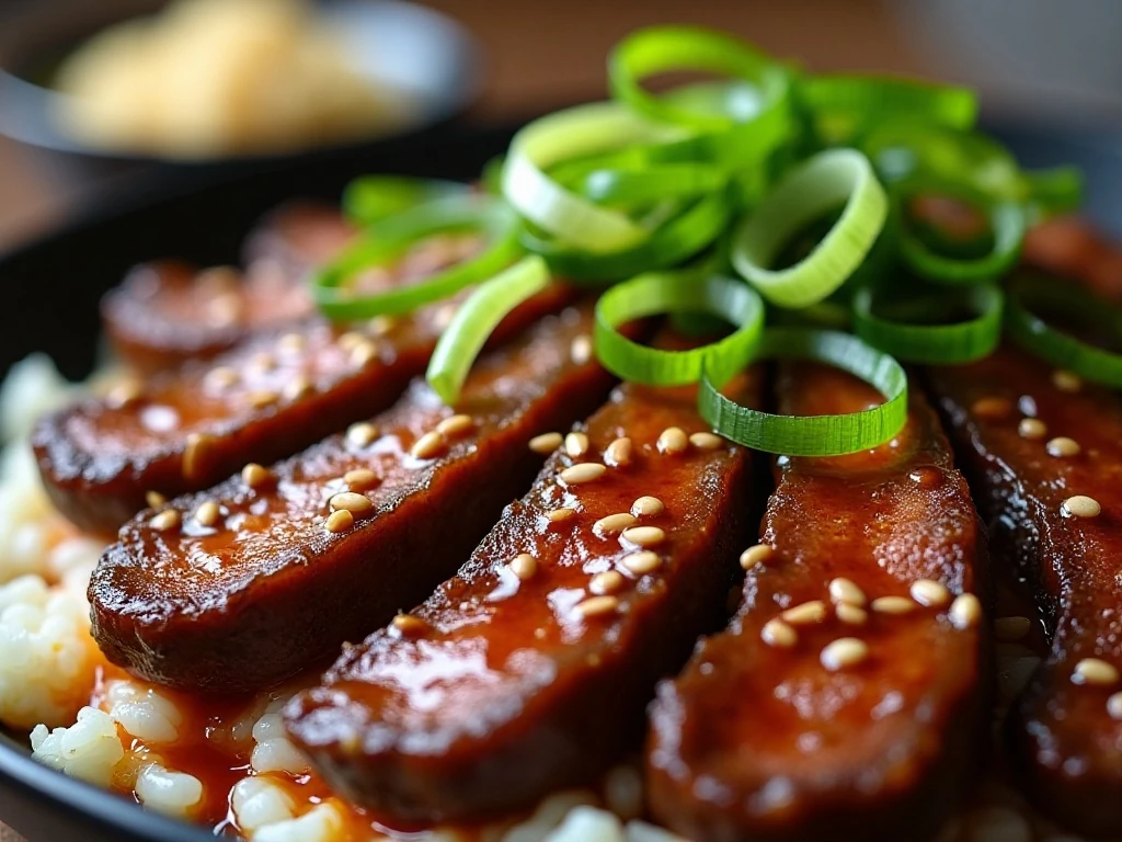 Teriyaki beef garnished with green onions and sesame seeds