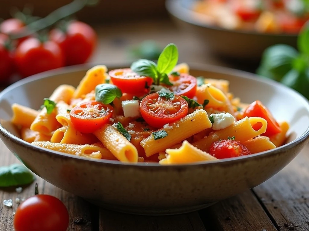 Creamy slow cooker tomato feta pasta served in a bowl