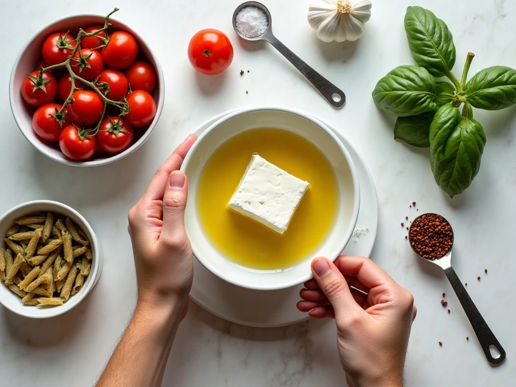 Ingredients for slow cooker tomato feta pasta