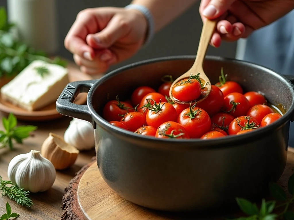 Tomatoes and feta cooking in a slow cooker