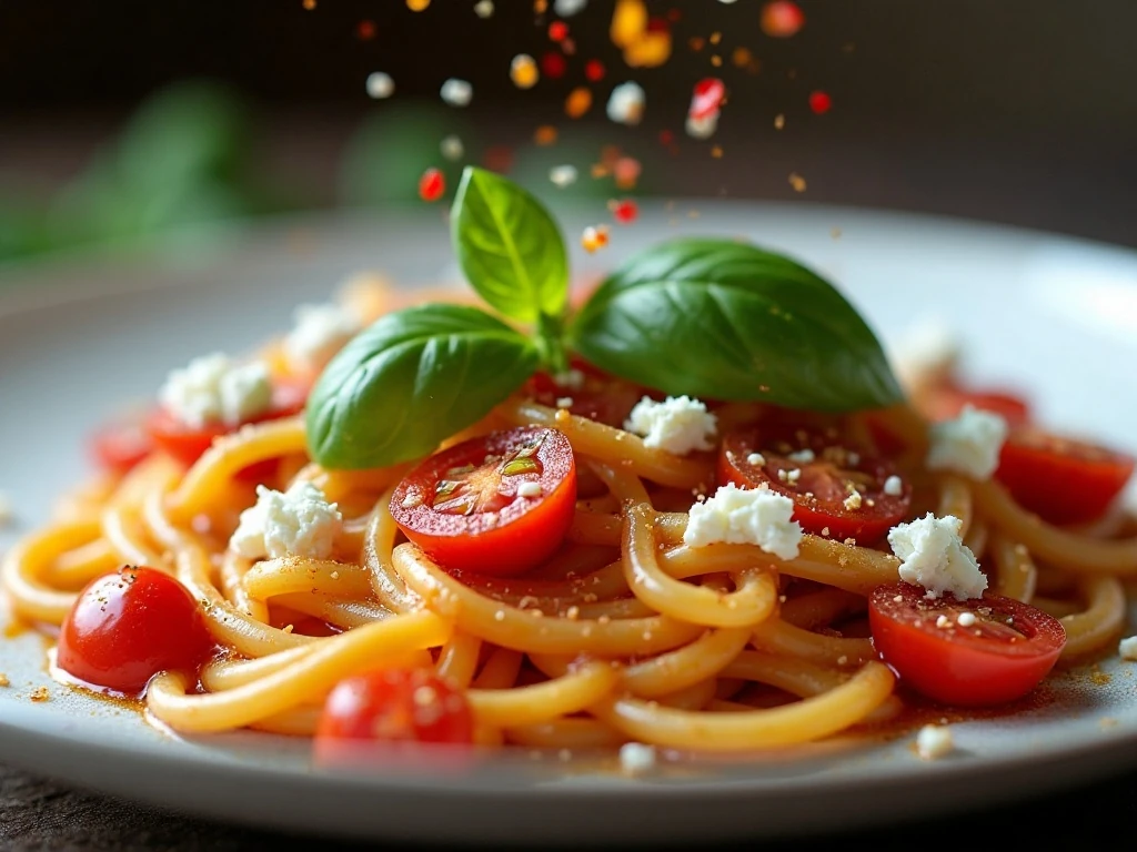 Fresh basil garnish on tomato feta pasta