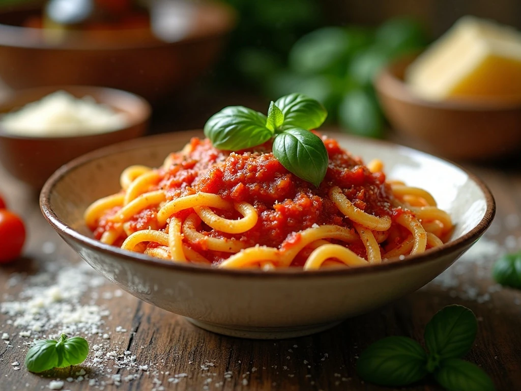 Pasta served with homemade slow cooker tomato sauce and fresh basil