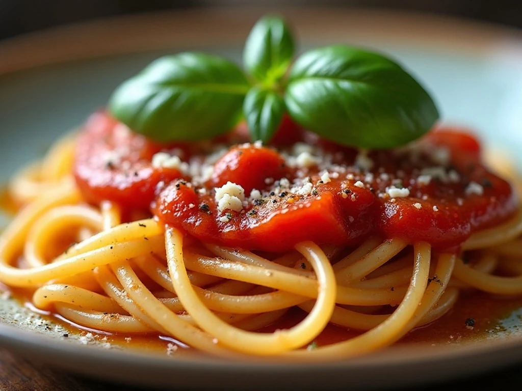 Tomato sauce over pasta garnished with basil and Parmesan