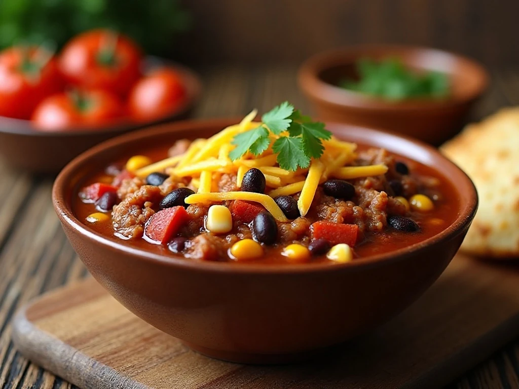 Hearty slow cooker turkey chili served with colorful toppings