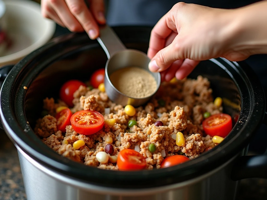 Turkey and vegetables being prepared for crockpot chili