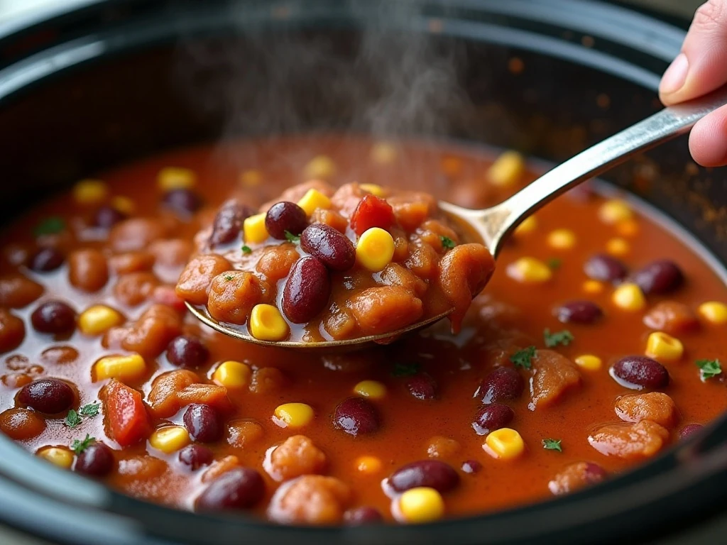 Stirring thick turkey chili in a slow cooker