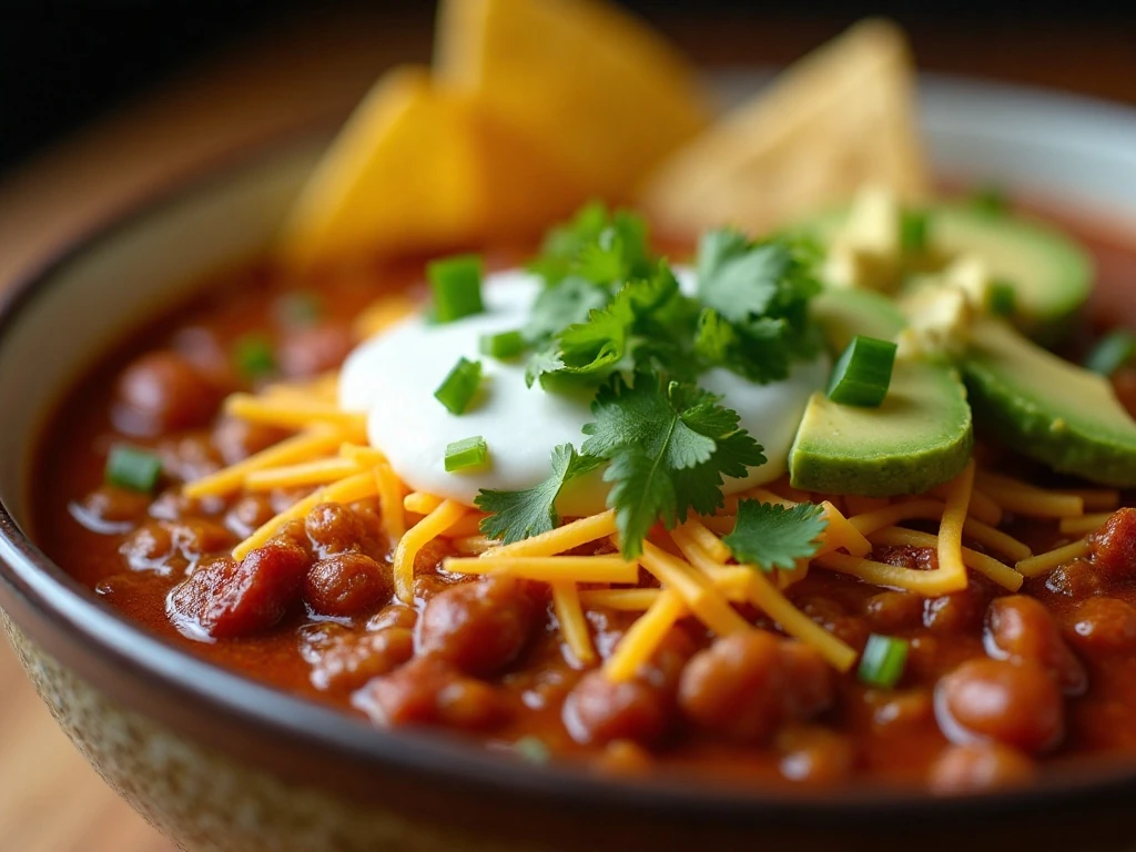 Turkey chili with cheese, sour cream, herbs, avocado, and tortilla chips
