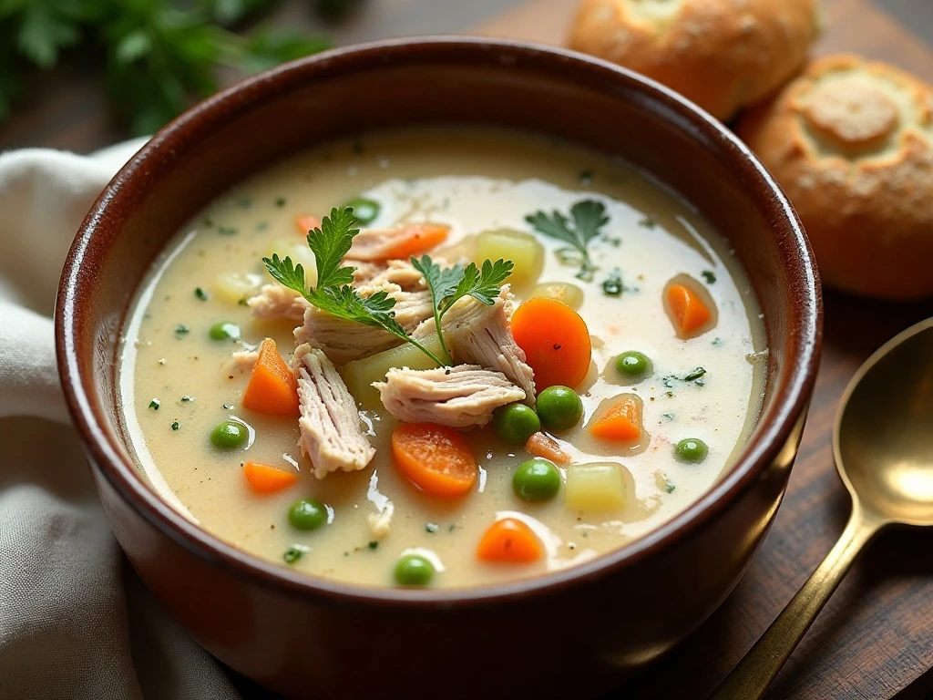 Bowl of creamy slow cooker turkey and cream cheese soup with vegetables