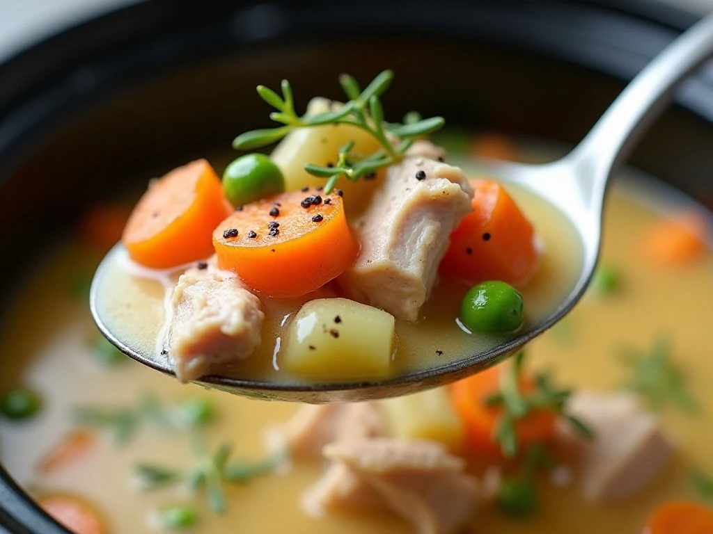 Close-up of creamy turkey soup with herbs and vegetables