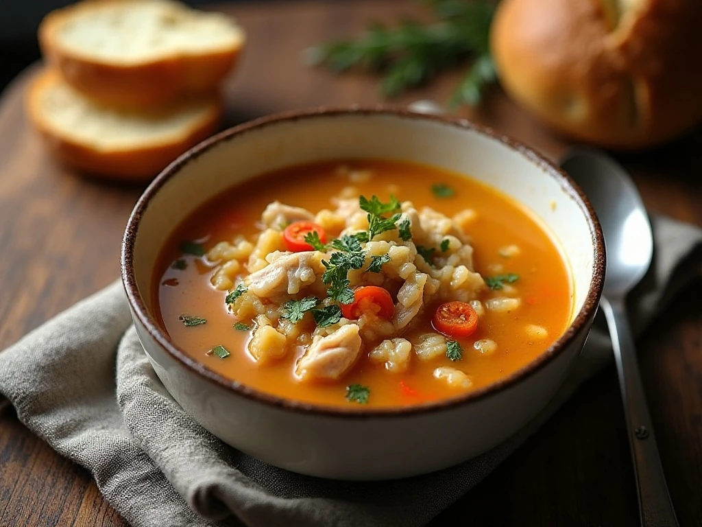 A warm bowl of easy slow cooker turkey soup with rice
