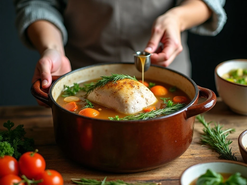 Turkey carcass simmering with vegetables for homemade stock