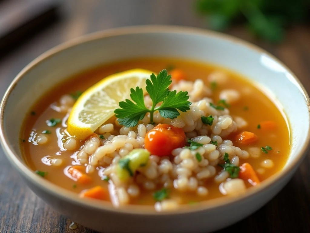 Turkey rice soup garnished with parsley and lemon