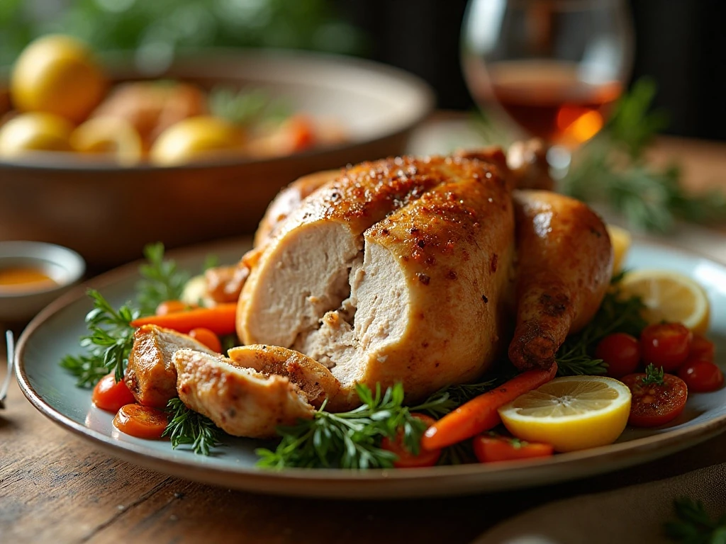 Juicy crockpot whole chicken served with vegetables and pan juices