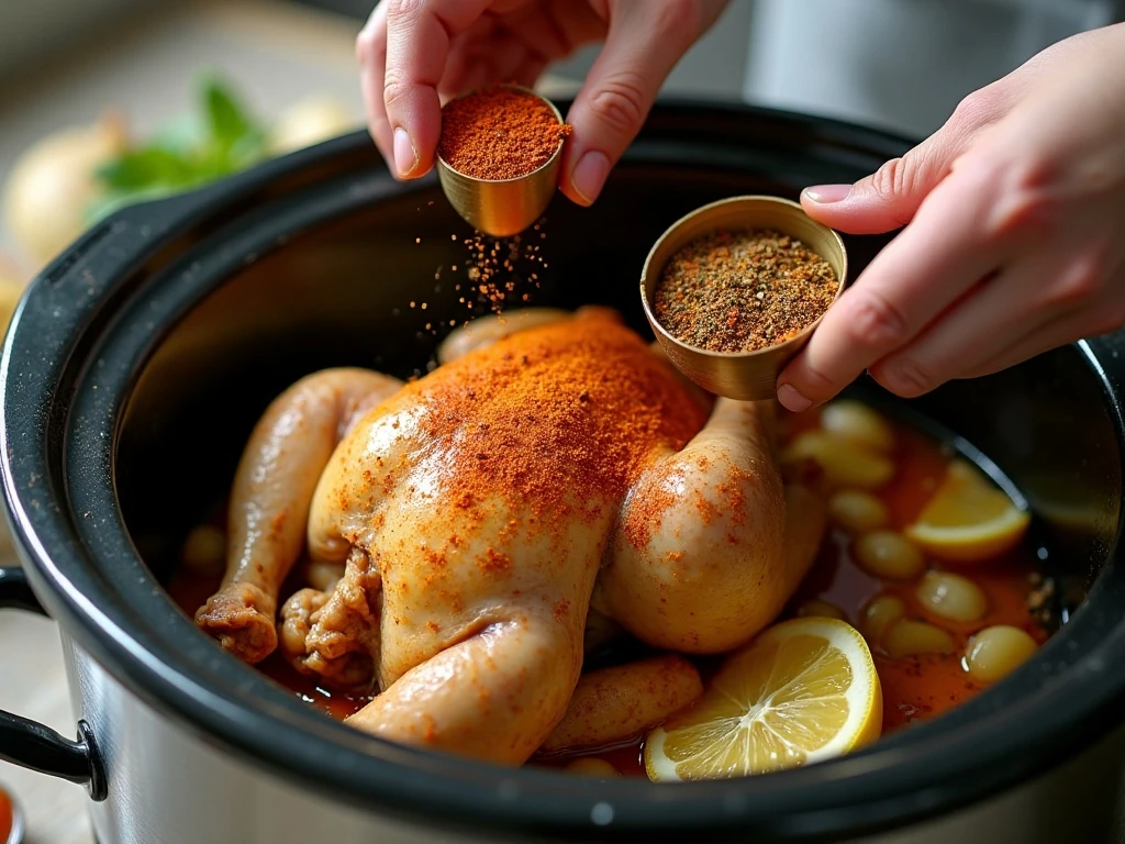 Seasoning a whole chicken before placing it in the crockpot