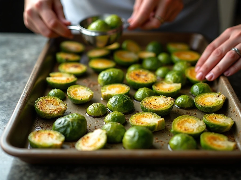 Smashed Brussels sprouts spaced on a baking sheet for crisping