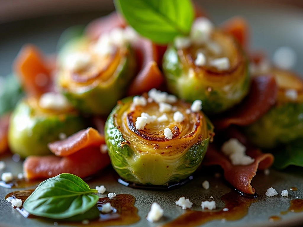 Close-up of crispy Brussels sprouts with prosciutto and Parmesan